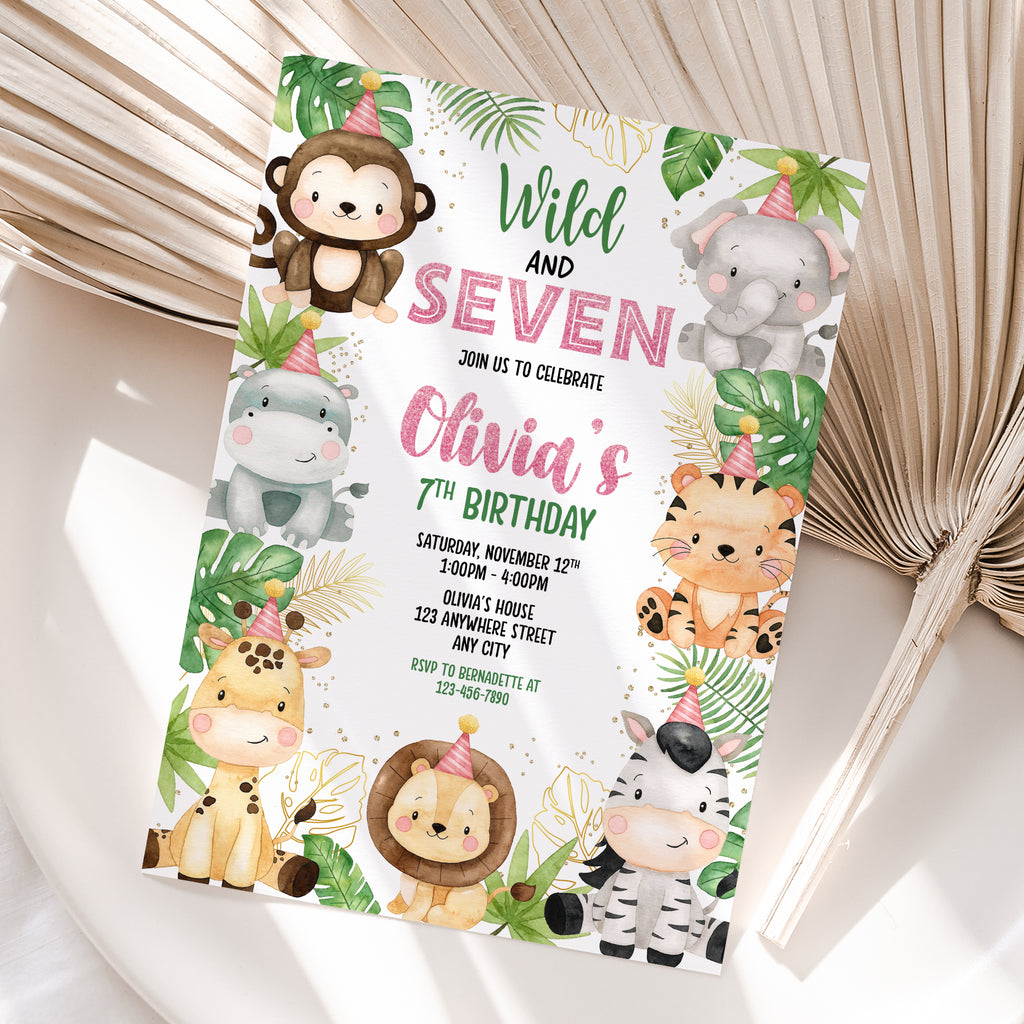 Personalized Safari Girl 7th Birthday Invitation – Digital JPG File