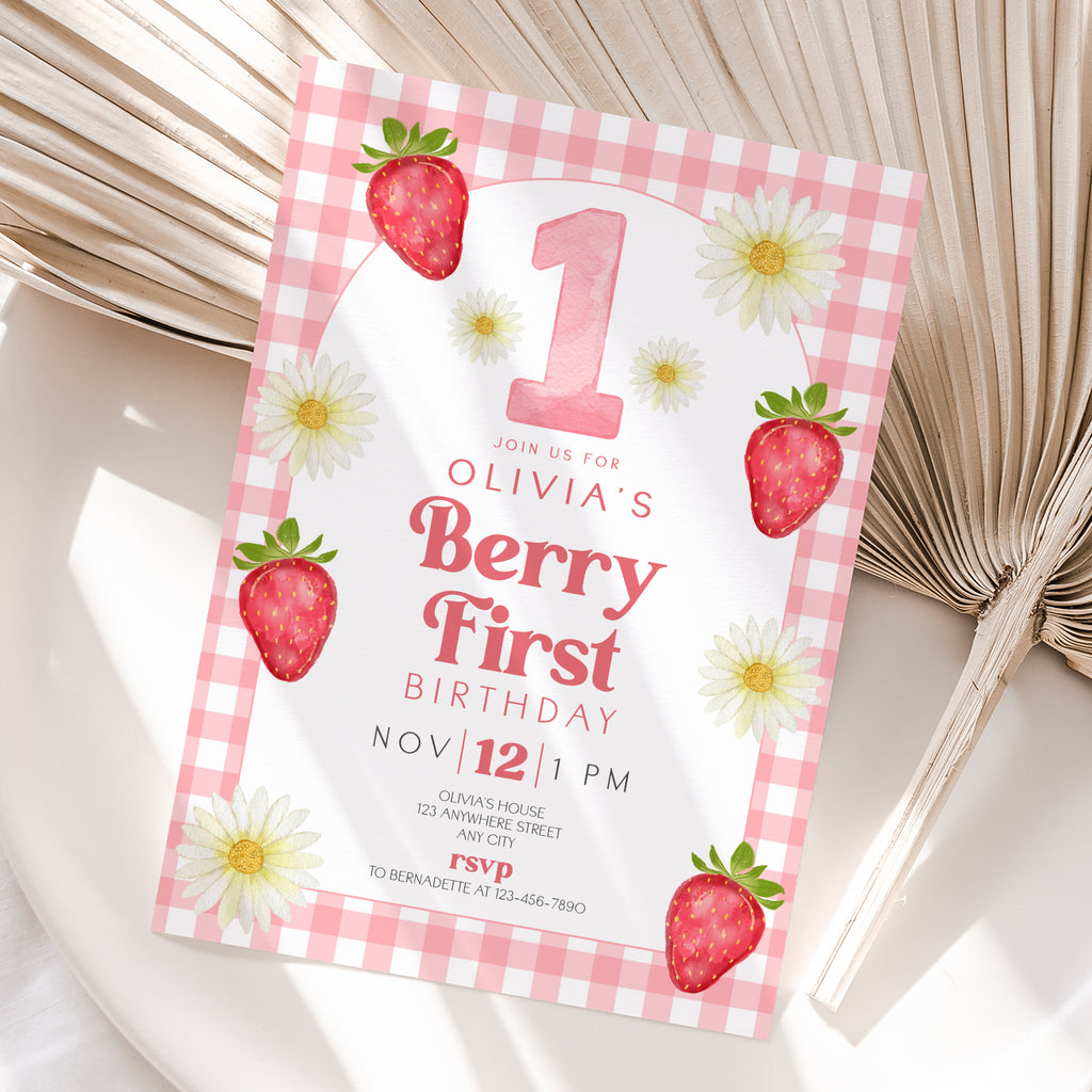 Personalized Strawberry 1st Birthday Invitation – Digital JPG File (Version 2)