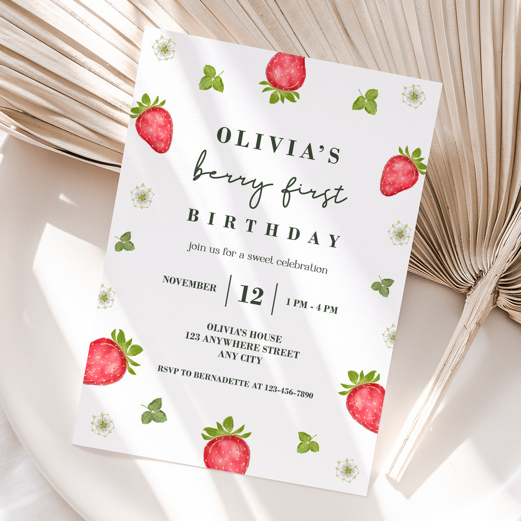 Personalized Strawberry 1st Birthday Invitation – Digital JPG File (Version 3)