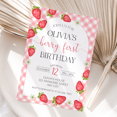 Personalized Strawberry 1st Birthday Invitation – Digital JPG File