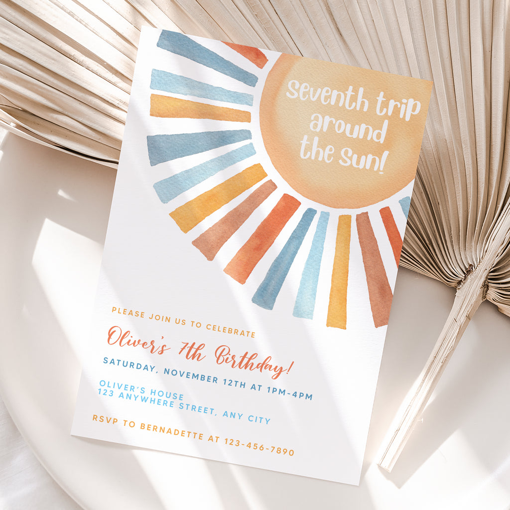 Personalized Sunshine Boy 7th Birthday Invitation – Digital JPG File