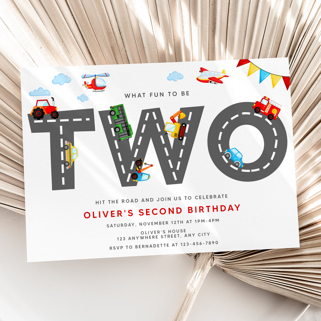 Personalized Transportation 2nd Birthday Invitation – Digital JPG File