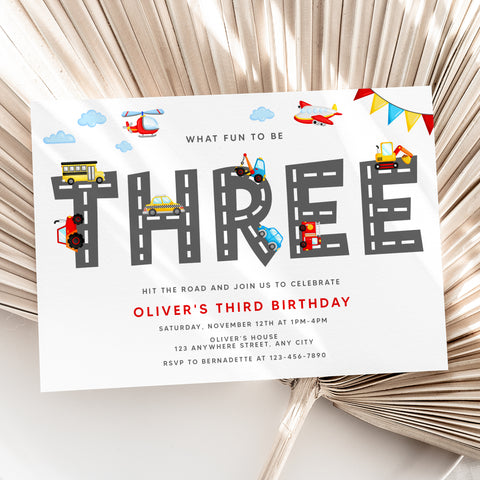 Personalized Transportation 3rd Birthday Invitation – Digital JPG File
