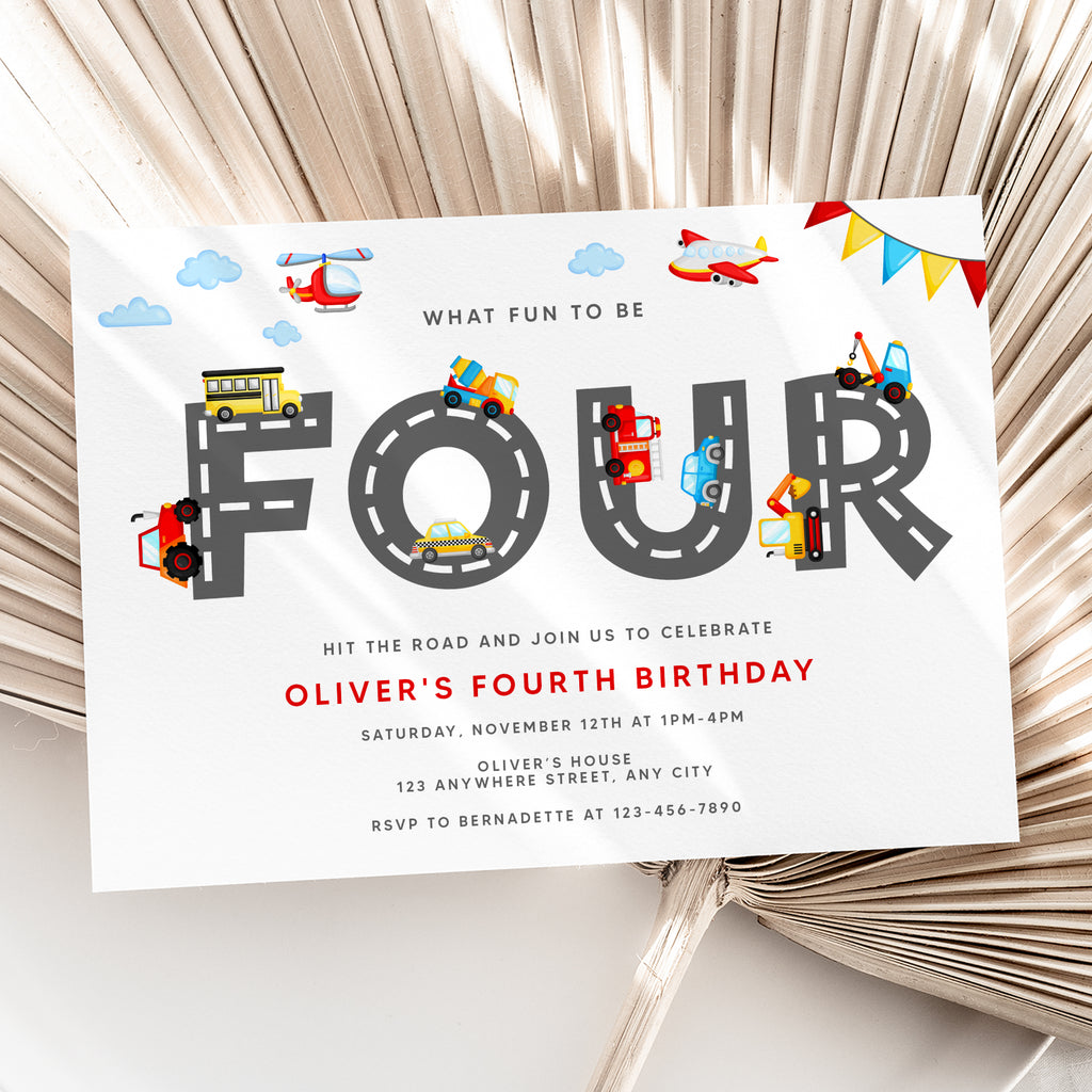 Personalized Transportation 4th Birthday Invitation – Digital JPG File