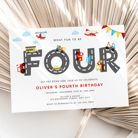 Personalized Transportation 4th Birthday Invitation – Digital JPG File