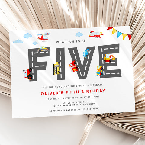 Personalized Transportation 5th Birthday Invitation – Digital JPG File