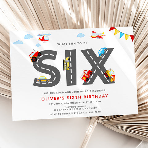 Personalized Transportation 6th Birthday Invitation – Digital JPG File